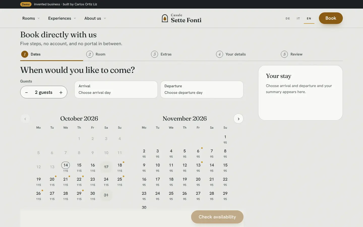 Booking calendar of a holiday rental on a laptop and a phone, guests choosing arrival and departure directly on the website