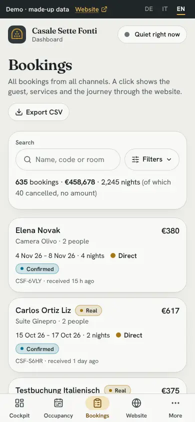 Bookings, On the phone